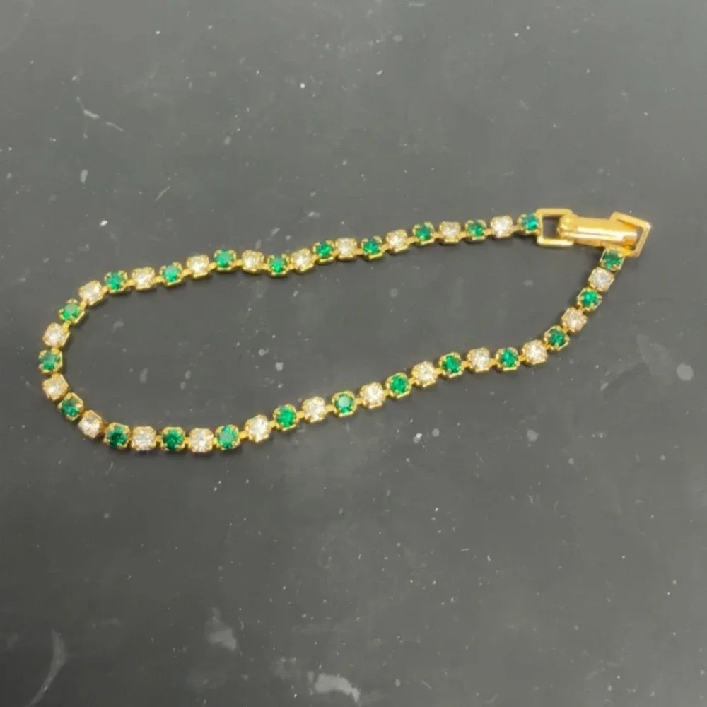 14KGS Gold Tone Emerald Green and Clear Crystal Tennis Bracelet Round Cut Link